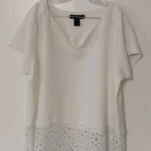 Ashley Stewart White 100% Linen Blouse with Eyelet Hem, Size L